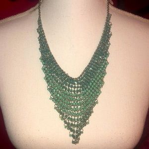 Blue Green Necklace Aqua Silver Beaded V Neck Boho